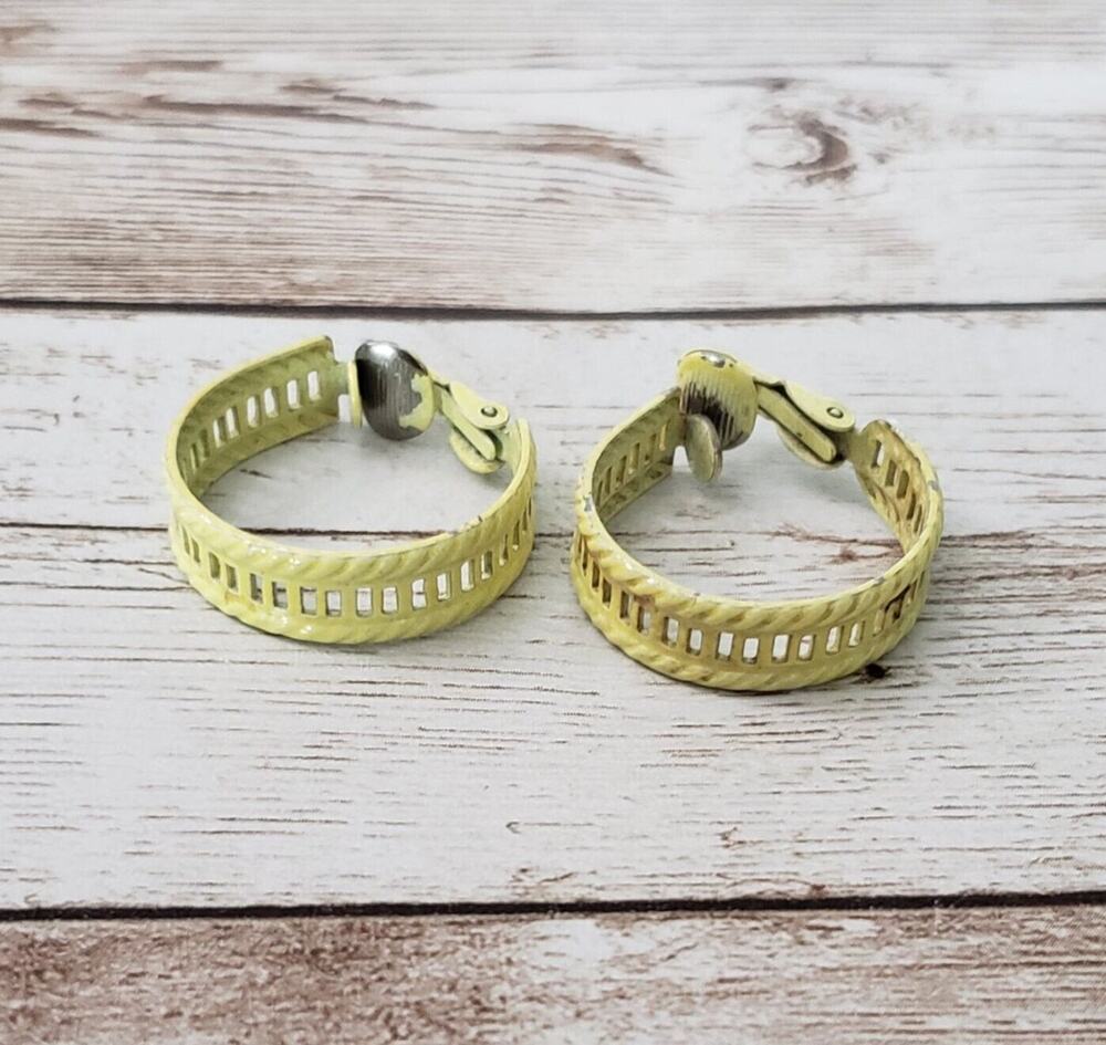 Vintage Clip On Earrings 1" Light Green Hoops with Cut Out Detail